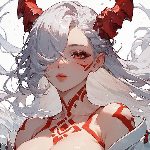 Digital anime-style portrait of a pale-skinned, red-eyed woman with white hair, red horns, braided hair, red tribal markings, and white