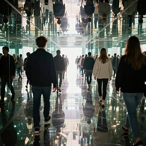 Photograph of a busy, reflective glass-walled hallway filled with silhouetted people walking towards a bright, white-lit exit.