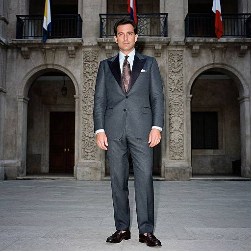 Photograph of a handsome, middle-aged man in a dark blue suit, white shirt, and patterned tie, standing in front of a grand,