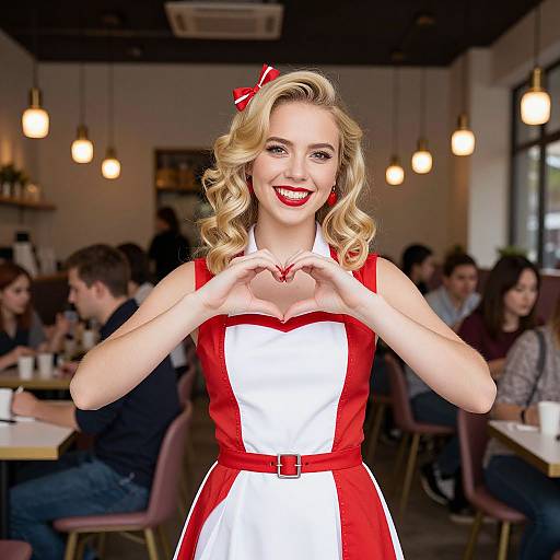 Photograph of a smiling blonde woman with curled hair, red bow, red and white dress, forming a heart shape with hands in a cozy, lit