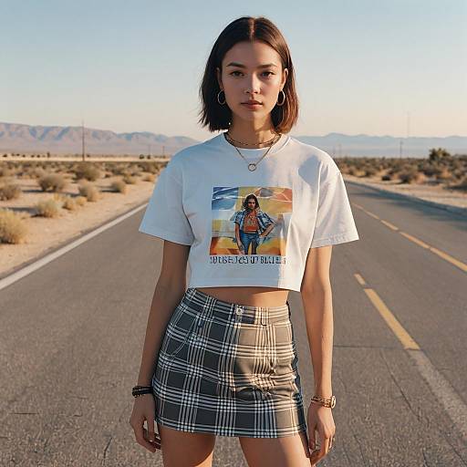 Young Woman in Y2K Crop Top and Plaid Mini Skirt on Desert Highway