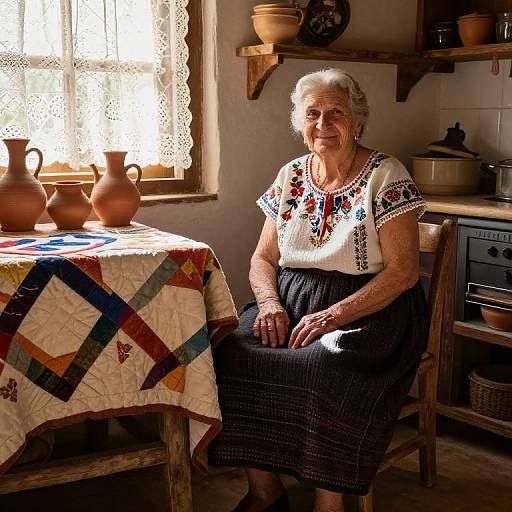 Photograph of an elderly woman with white hair, wearing a white embroidered blouse and dark skirt, seated in a sunlit, rustic kitchen. Table with