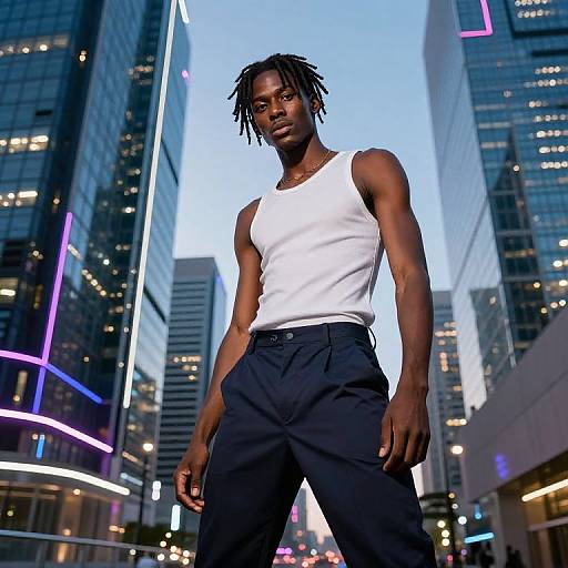 Photograph of a muscular Black man with dreadlocks, wearing a white tank top and black pants, standing confidently in a neon-lit urban canyon at