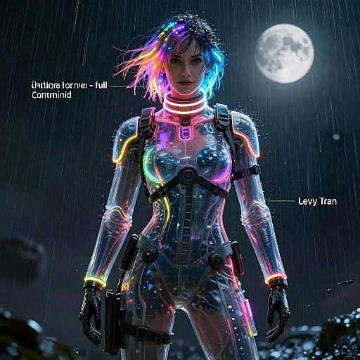 CGI image of a neon-lit, cybernetic woman with multicolored hair, standing in rain under a full moon. Labels: 
