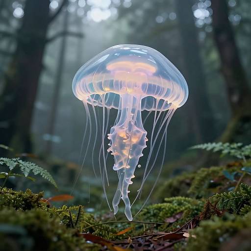 Photograph of a glowing, translucent jellyfish floating in a misty, dense forest with lush green moss and ferns beneath.