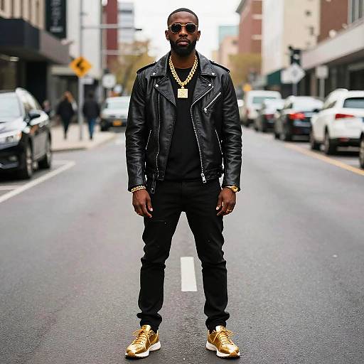 Photograph of a tall, muscular Black man with a beard, wearing a black leather jacket, black shirt, black pants, gold sneakers, and gold