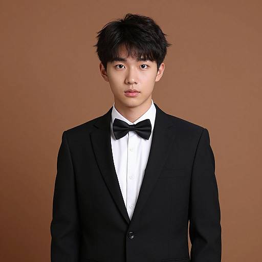 Photograph of a young Asian man with straight black hair, wearing a black tuxedo, white shirt, and black bow tie, against a plain
