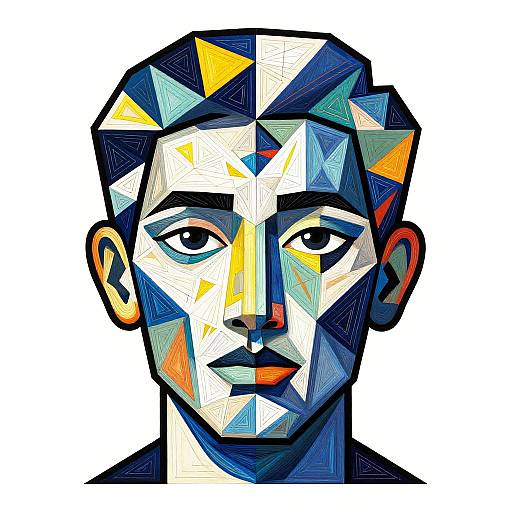 Geometric digital portrait of a man with angular, multicolored facial features, including blue, yellow, and orange triangles, on a white background.