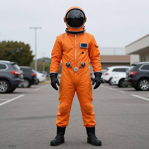 Photograph of a person in an orange astronaut suit with black gloves, boots, and helmet, standing in a parking lot.