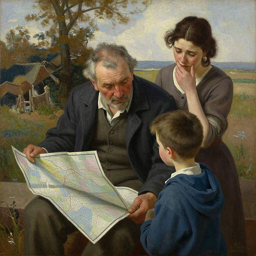 Realistic oil painting of elderly bearded man, dark-haired woman, and young boy studying a map outdoors with a rustic farm background.