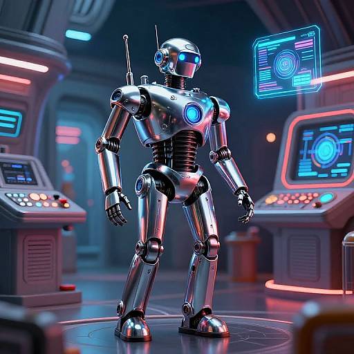 Photorealistic CGI of a shiny, silver robotic humanoid with blue glowing eyes and chest panel, standing in a neon-lit futuristic control room.