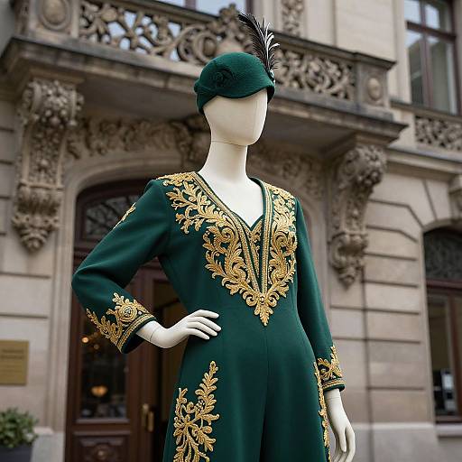 Photograph of a faceless mannequin wearing a dark green, ornately gold-embroidered dress with a black feathered beret,