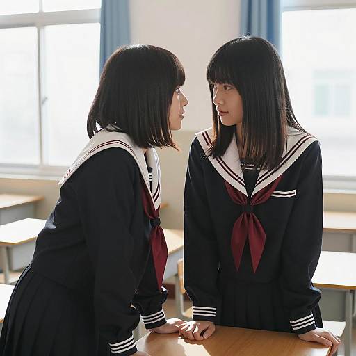Sunlit Classroom with Asian Schoolgirls