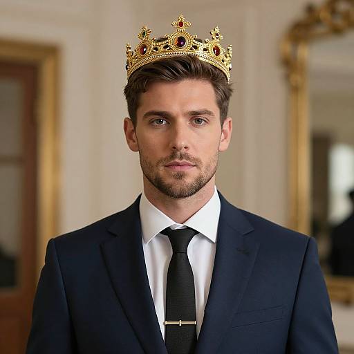 Photograph of a handsome, bearded man with brown hair wearing a gold crown and black suit, standing in a luxurious, ornate room.