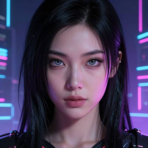 Digital portrait of a young Asian woman with long black hair, glowing blue and pink neon lights in the background, looking directly at the camera.