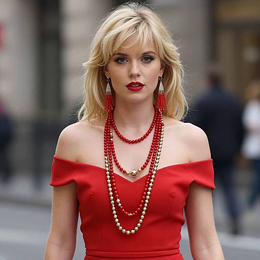 Photograph of a blonde woman in a red off-shoulder dress, wearing multiple red and gold bead necklaces, red lipstick, and red earrings