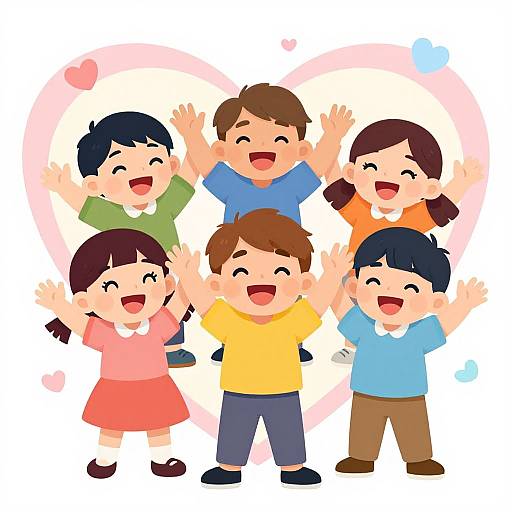 Digital illustration of six smiling, cartoon-style children with raised arms, wearing colorful clothes, standing in a joyous circle with heart-shaped background.