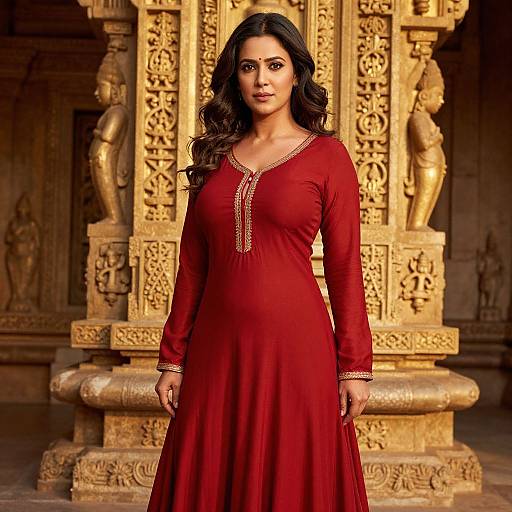 Photograph of a beautiful Indian woman with long, wavy black hair, wearing a red long-sleeve traditional dress, standing in front of intric