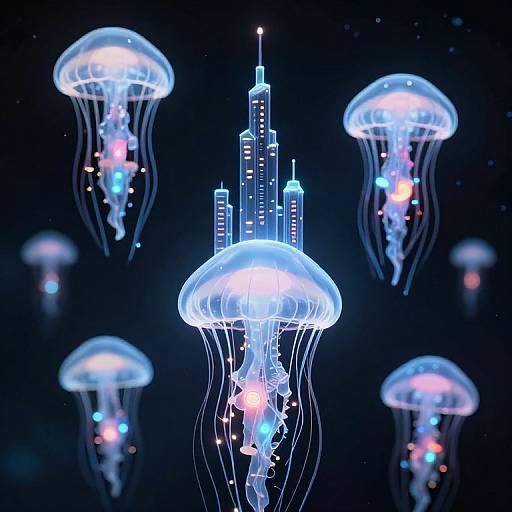 Digital artwork of glowing jellyfish surrounding a neon cityscape with skyscrapers, creating a futuristic underwater scene in dark blue.