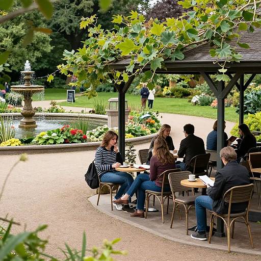 Photograph of six people sitting at a garden café under a pergola, surrounded by vibrant flowers, a fountain, and lush greenery.
