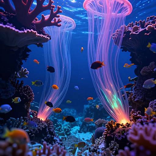 Vibrant underwater photograph of glowing jellyfish, colorful fish, and coral reefs illuminated by blue and purple lights, creating a mesmerizing ocean scene.