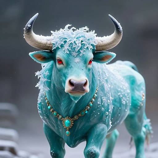 Digital art of a turquoise, ice-covered bull with red eyes, large horns, and a turquoise gemstone necklace, walking in a snowy landscape.