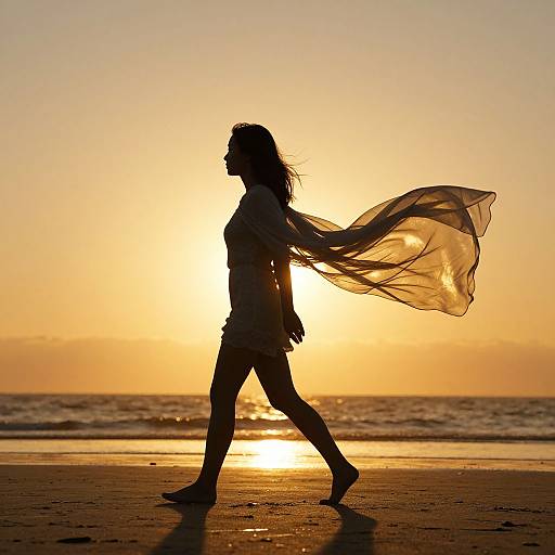 Silhouetted woman in flowing sheer dress walks on beach at sunset, her hair and dress billowing with the wind. Golden sky, shimmering