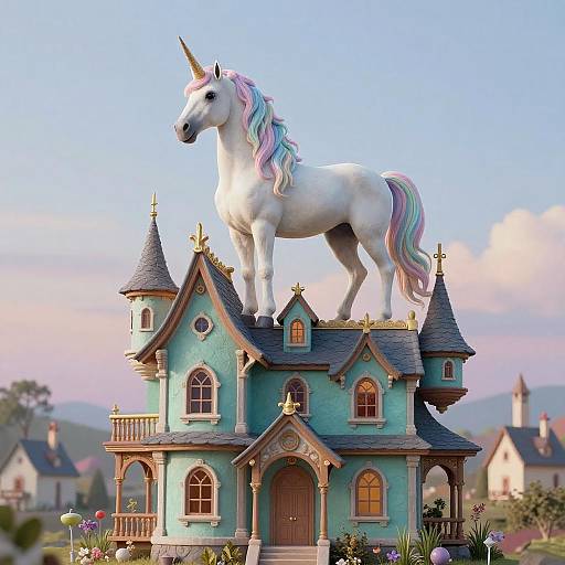 Majestic Unicorn on Fantasy House Roof