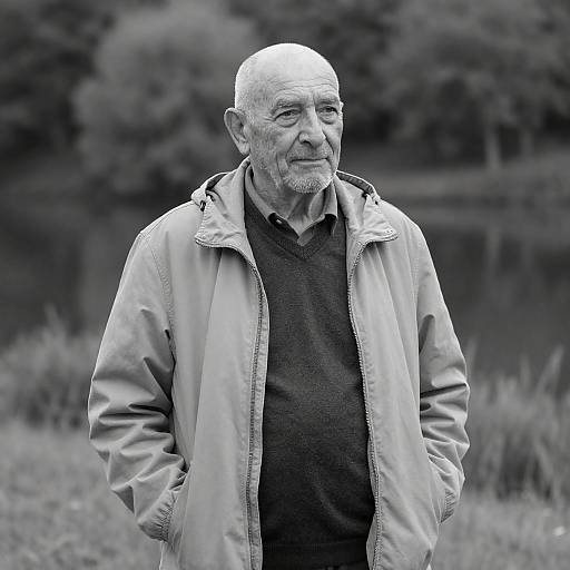 Elderly Man by the Lake in Black-and-White