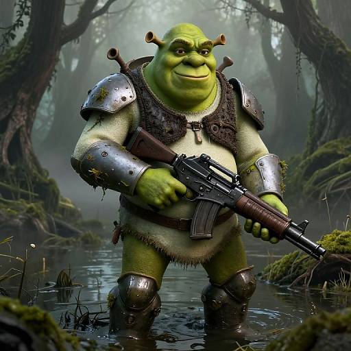 CGI image of a green, muscular orc warrior with small horns, wearing silver armor and holding a rifle, standing in a misty, forested