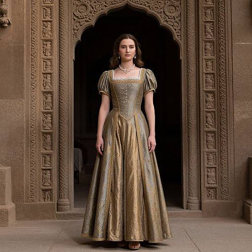 Photograph of a brunette woman in an ornate, gold and silver medieval-style gown, standing in front of an intricately carved, arched stone