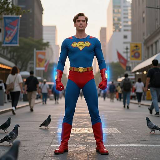 Photograph of a handsome man in a Superman costume standing on a city street at sunset, surrounded by pigeons and pedestrians.