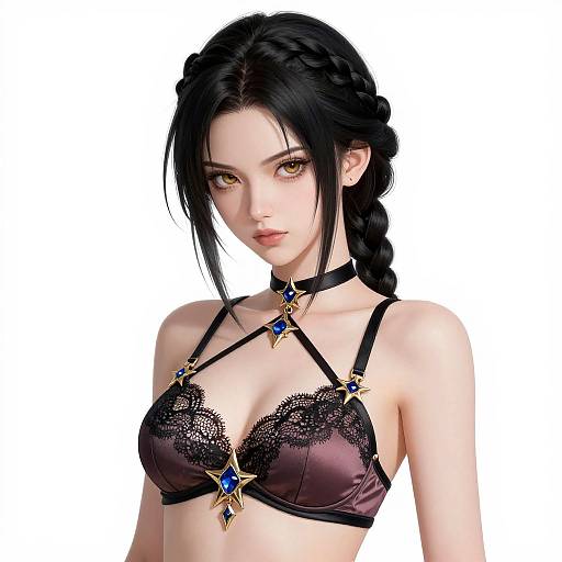 Digital artwork of a pale-skinned, black-haired woman with braided hair, wearing a black lace bra with blue gem accents, and a matching ch