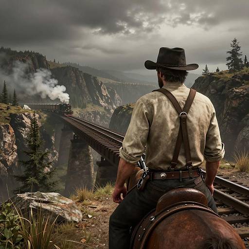 Western Cowboy on Horseback Near Train Bridge