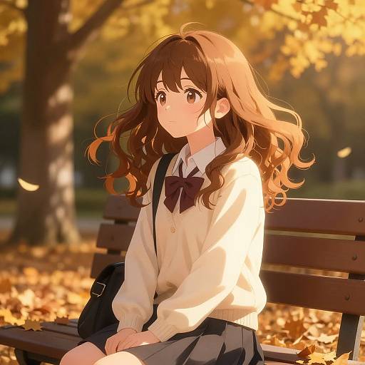 Anime Student in Autumn Bench Scene