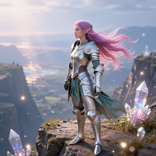 Digital art of a pink-haired, elven warrior with silver armor standing on a cliff, gazing at a sunlit, crystal-filled valley.