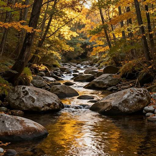 Photograph of a serene autumn forest creek, with golden-yellow leaves, large moss-covered rocks, and clear, flowing water reflecting sunlight.