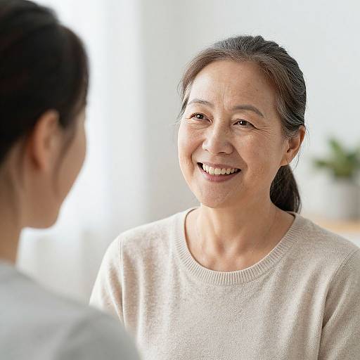 Photograph of smiling Asian woman with dark hair in beige sweater, facing another person with back to camera, in bright, white-lit room.