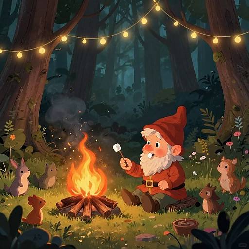 Digital illustration: Santa Claus roasts marshmallows by a campfire in a forest, surrounded by cute animals under glowing string lights.