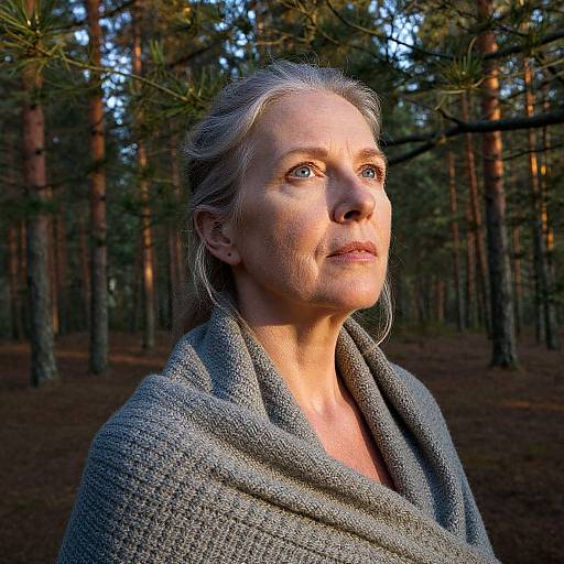 Photograph of a mature woman with silver hair, fair skin, and blue eyes, wearing a gray woolen shawl, standing in a sunlit