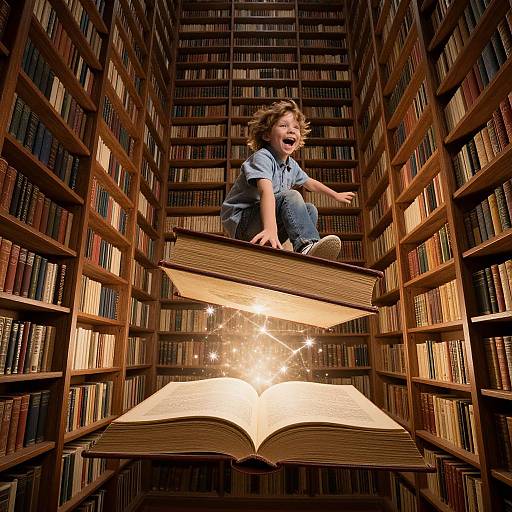 Photograph of a thrilled, curly-haired boy in blue shirt and jeans, sitting on giant, glowing book, surrounded by towering bookshelves.