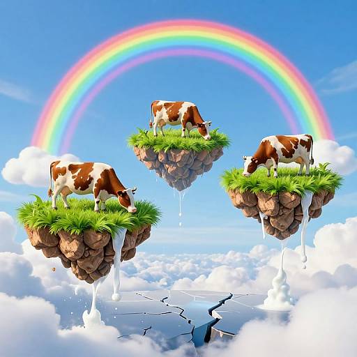 Three brown-and-white cows graze on floating grass islands, surrounded by a rainbow and blue sky, with milk dripping below.