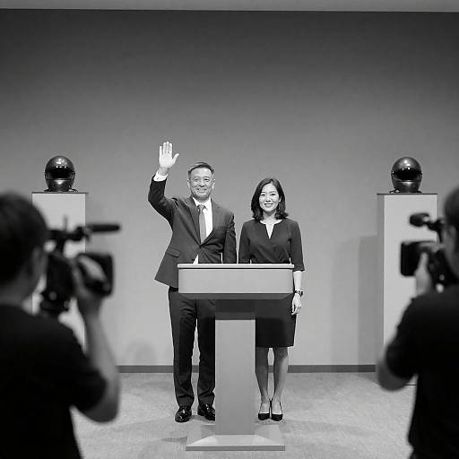 Black-and-White Podium Photo with Helmets