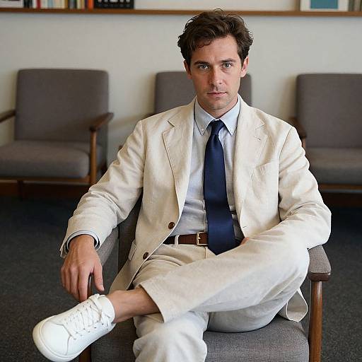 Photograph of a handsome, dark-haired man in a white suit, navy tie, and white sneakers, sitting in a modern waiting room.
