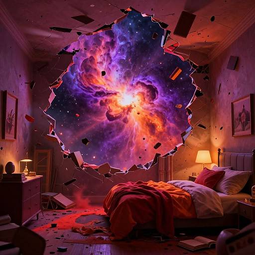 Photograph of a bedroom with a vibrant, colorful cosmic explosion bursting through the ceiling, debris scattered, red and orange lighting, and a bed with rum