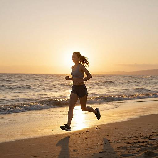 Photograph of a woman running on a beach at sunset, silhouetted against the glowing sun, wearing a sports bra and shorts, with waves