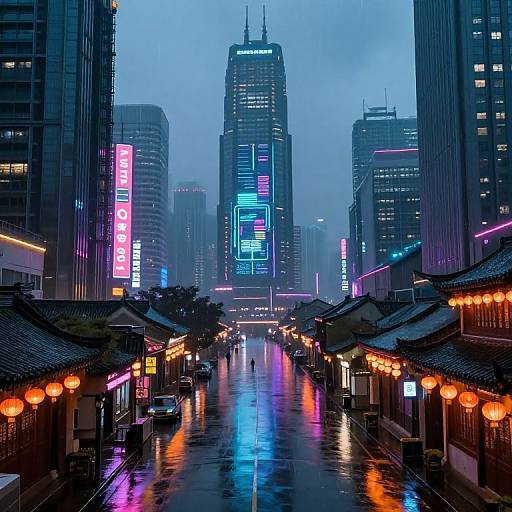 Neon-lit, rainy urban street in a futuristic city, featuring colorful vertical signs, traditional Chinese buildings, and reflective wet pavement. Photorealistic