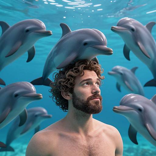 Photograph of a shirtless, bearded man with curly brown hair, surrounded underwater by several dolphins, looking upward with a calm expression. Blue ocean