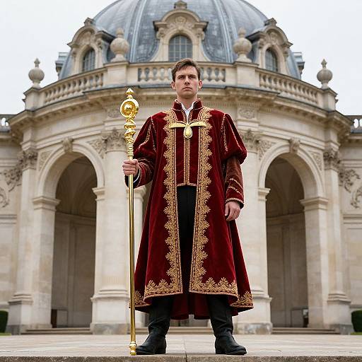 Regal Man in Red Velvet Robe with Golden Staff