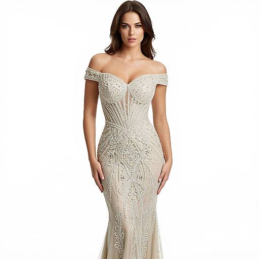 Photograph of a brunette woman in an off-shoulder, white lace wedding gown with intricate floral patterns, standing against a plain white background.